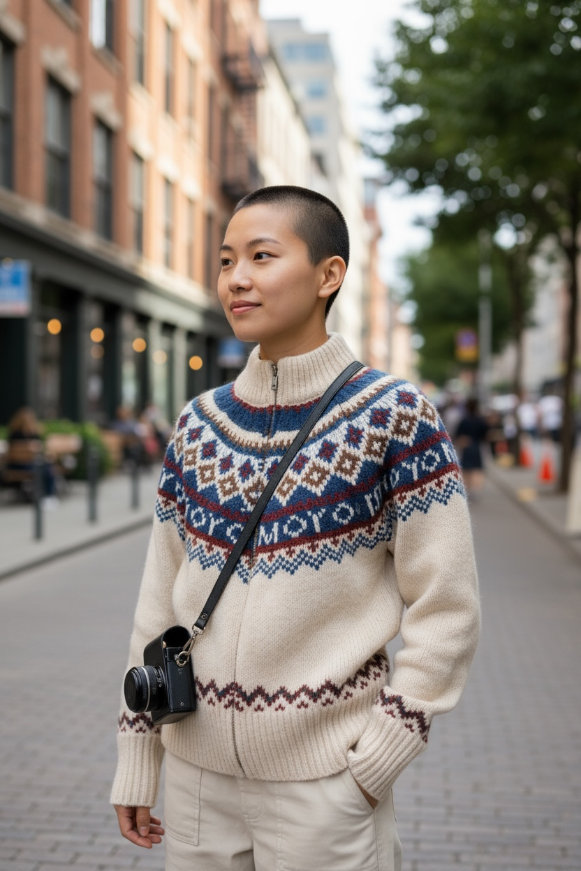Retro Pattern Zipped Sweater