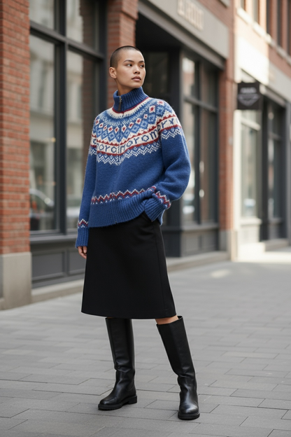 Retro Pattern Zipped Sweater