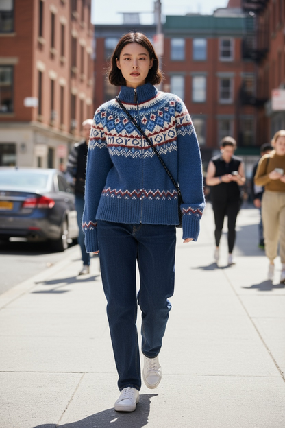 Retro Pattern Zipped Sweater