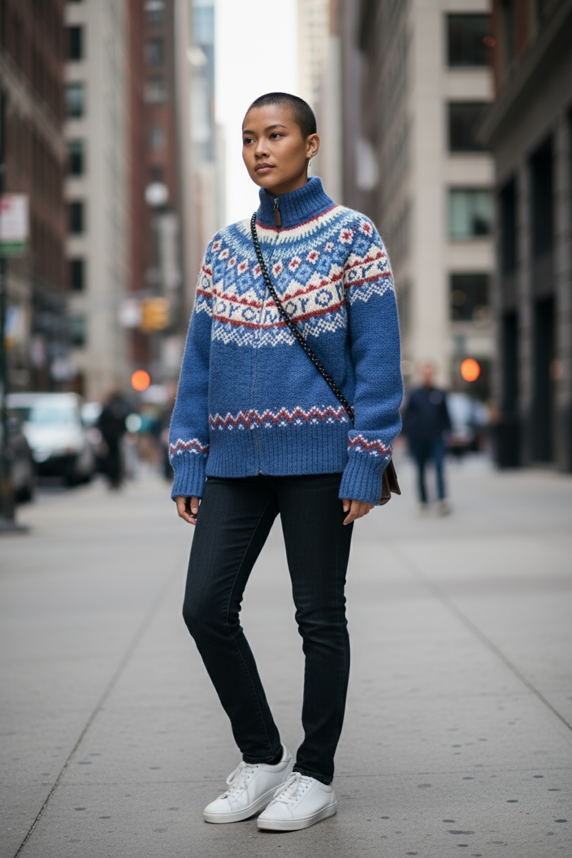 Retro Pattern Zipped Sweater
