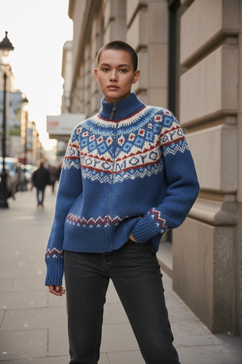 Retro Pattern Zipped Sweater