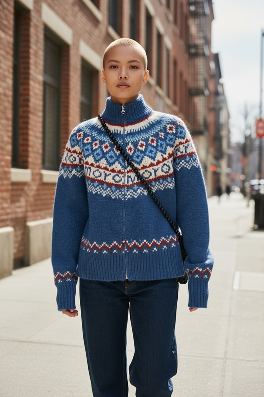 Retro Pattern Zipped Sweater