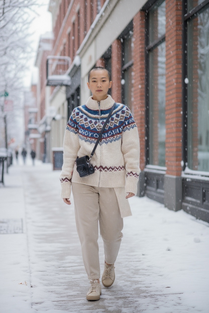 Retro Pattern Zipped Sweater