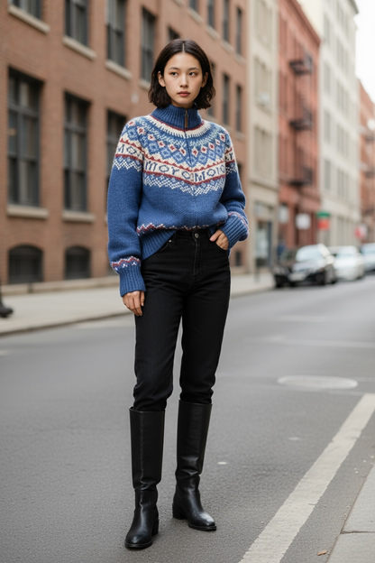 Retro Pattern Zipped Sweater