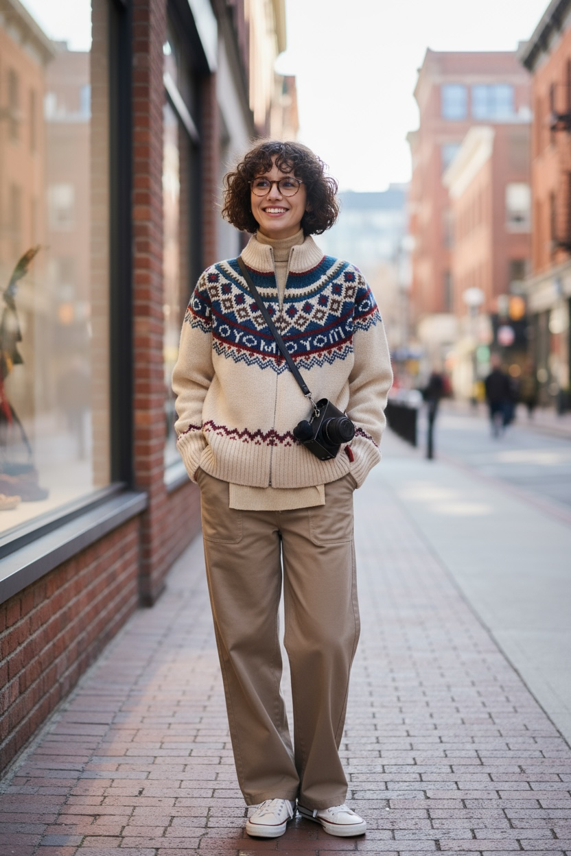 Retro Pattern Zipped Sweater