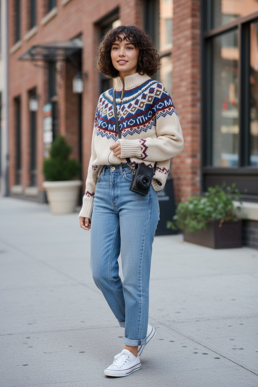 Retro Pattern Zipped Sweater
