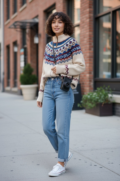 Retro Pattern Zipped Sweater