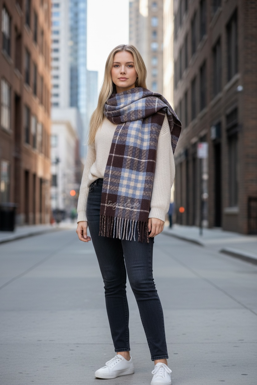 Long Plaid Winter Scarf - Black
