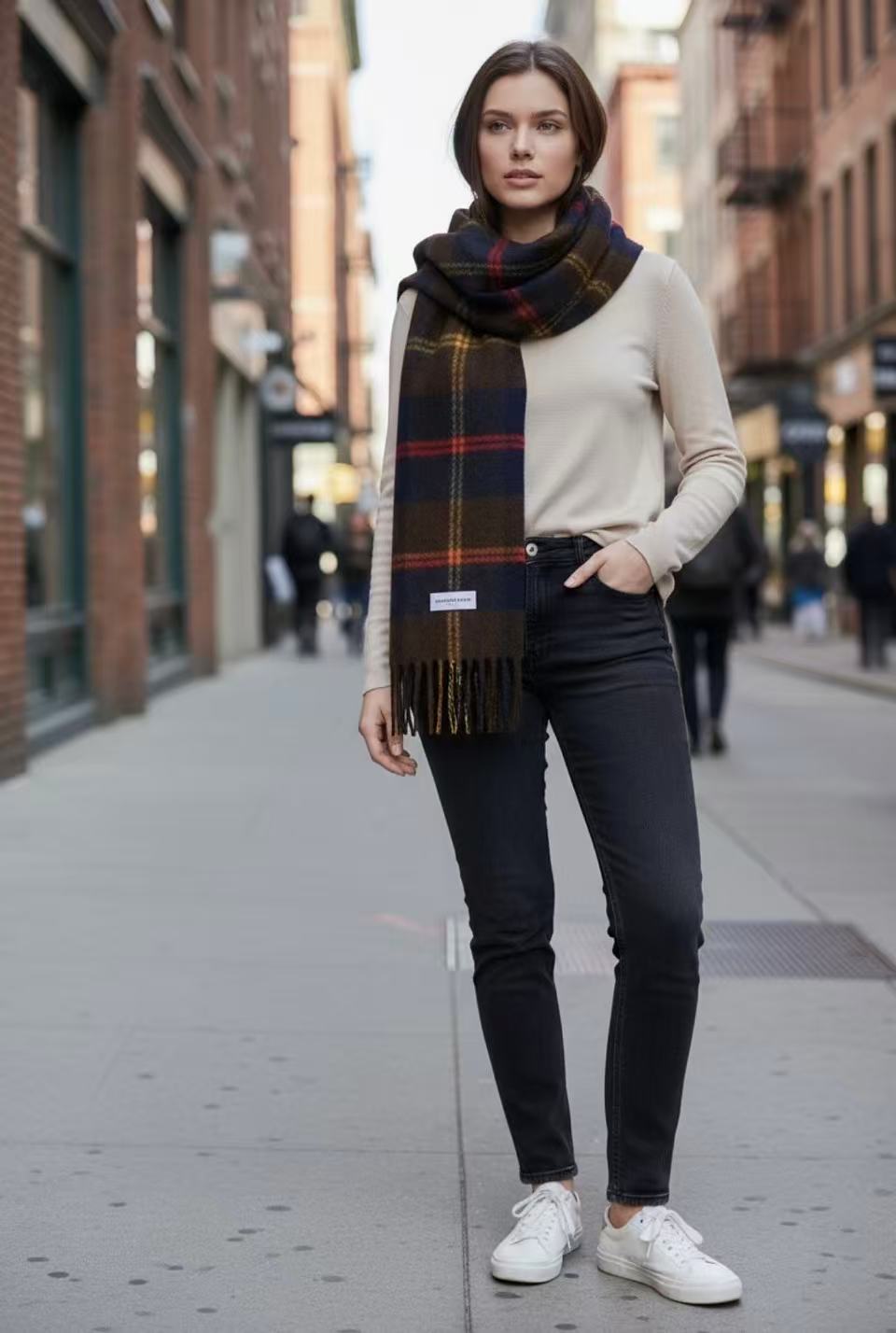 Long Plaid Winter Scarf - Black