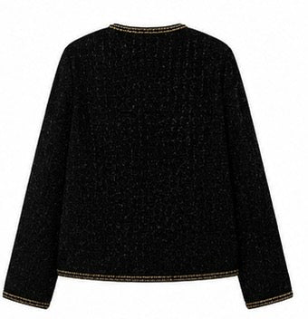 Black Wool Blend Tweed Jacket with Gold Chain Trim