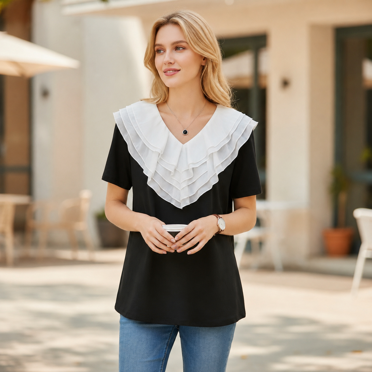 Layered Ruffle Collar Contrast Blouse