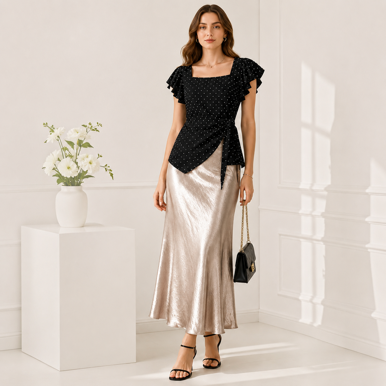 Best Seller studio look with black polka-dot top and champagne skirt