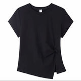 Joyjocey Classic Side-Knot Cotton T-Shirt in black with a twisted side knot and asymmetrical hem slit.