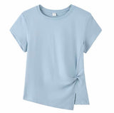 Joyjocey Classic Side-Knot Cotton T-Shirt in light blue with short sleeves, crew neck, twisted side knot and front slit.