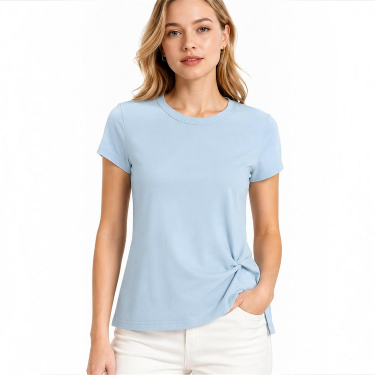 Model wearing the light blue Joyjocey Classic Side-Knot Cotton T-Shirt with white pants, front view.