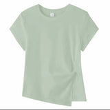 Joyjocey Classic Side-Knot Cotton T-Shirt in light sage green with an asymmetrical hem and side slit.