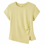 Joyjocey Classic Side-Knot Cotton T-Shirt in pale yellow with a front side knot and split hem.