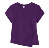 Joyjocey Classic Side-Knot Cotton T-Shirt in purple with short sleeves and an asymmetrical hem.