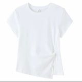 Joyjocey Classic Side-Knot Cotton T-Shirt in white with short sleeves, crew neck and an asymmetrical side slit.