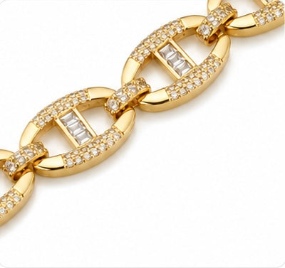 Detailed view of the connected gold-plated oval links and crystal accents on the Joyjocey bracelet.