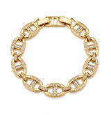 Joyjocey Gold-Plated Crystal Link Bracelet with oval links, pave crystals and baguette-cut stones, product view.
