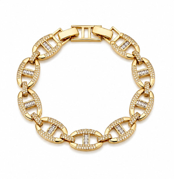 Joyjocey Gold-Plated Crystal Link Bracelet with oval links, pave crystals and baguette-cut stones, product view.