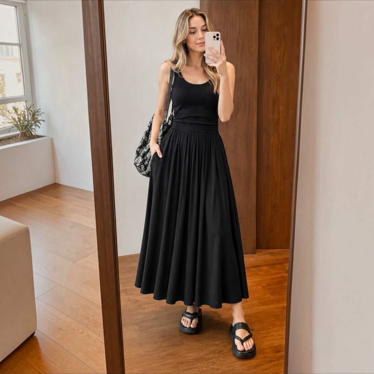 Model styling the black Joyjocey High-Waist Pleated A-Line Skirt with a black tank top and sandals.