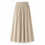 Joyjocey High-Waist Pleated A-Line Skirt in khaki with an elastic waistband and flowy maxi hem, product front view.