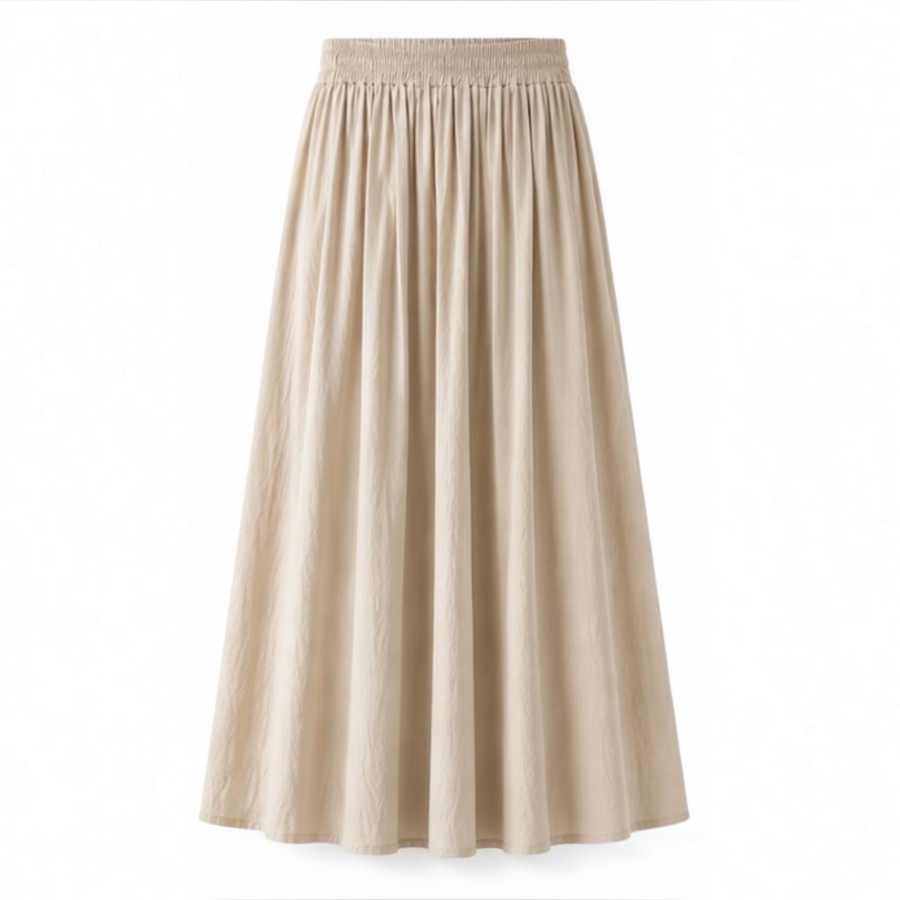 Joyjocey High-Waist Pleated A-Line Skirt in khaki with an elastic waistband and flowy maxi hem, product front view.