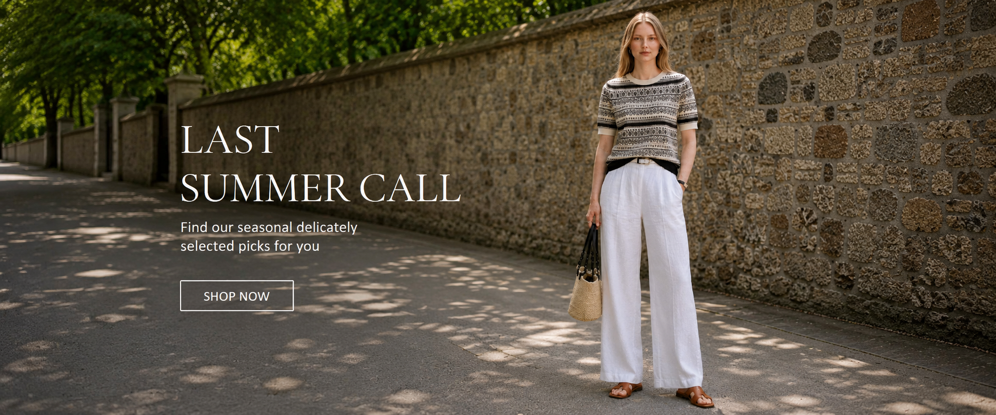 Joyjocey Last Summer Call women's outfit with a patterned knit top and white trousers