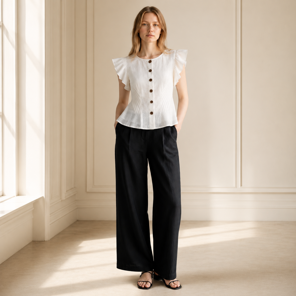 New In studio look with white ruffle blouse and black trousers