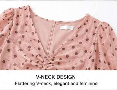 Pink Polka Dot Ruched Midi Dress by Joyjocey - view 3 of 4