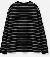 Back view of the black Joyjocey Relaxed Striped Long-Sleeve Top with thin white horizontal stripes.