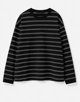 Joyjocey Relaxed Striped Long-Sleeve Top in black with thin white horizontal stripes, product front view.