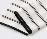 Black-trimmed cuff and horizontal stripe detail on the white Joyjocey Relaxed Striped Long-Sleeve Top.