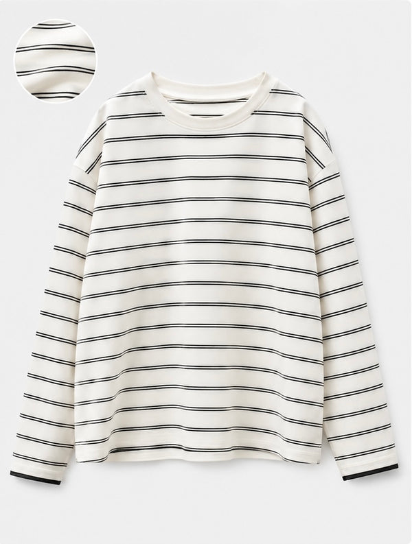 Joyjocey Relaxed Striped Long-Sleeve Top in white with thin black horizontal stripes, product front view.