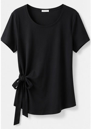 Joyjocey Side-Tie Cotton Top in black with a round neckline, short sleeves and adjustable waist tie, product front view.