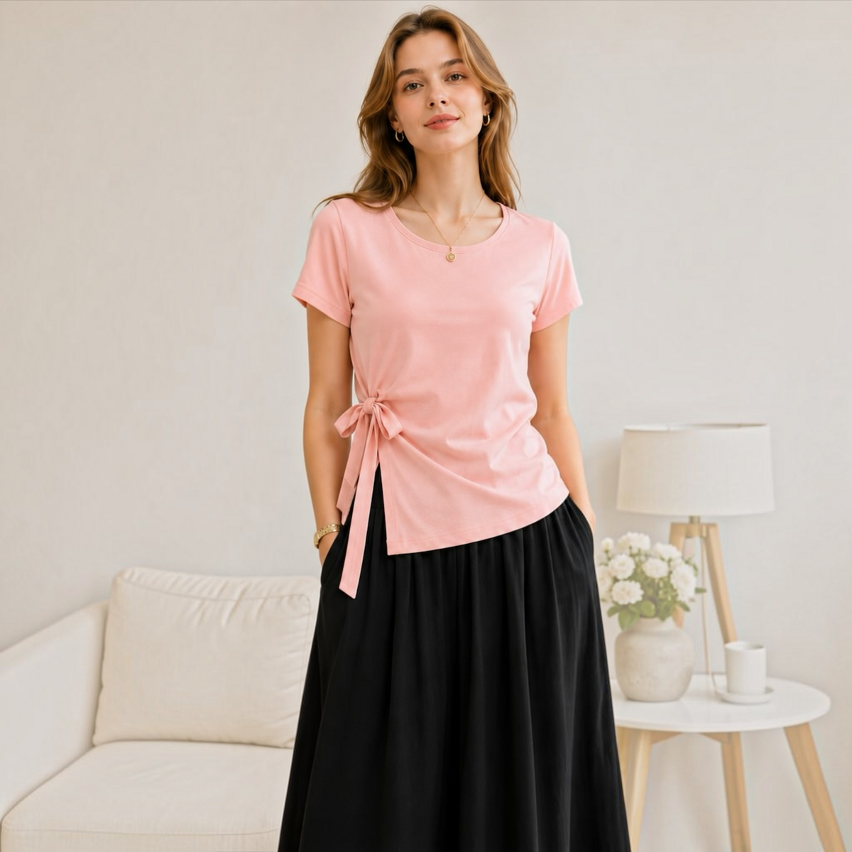 Model wearing the pink Joyjocey Side-Tie Cotton Top with an adjustable waist tie and black maxi skirt, front view.