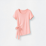 Joyjocey Side-Tie Cotton Top in pink with a round neckline, short sleeves and adjustable waist tie, product front view.