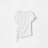 Joyjocey Side-Tie Cotton Top in white with a round neckline, short sleeves and adjustable waist tie, product front view.