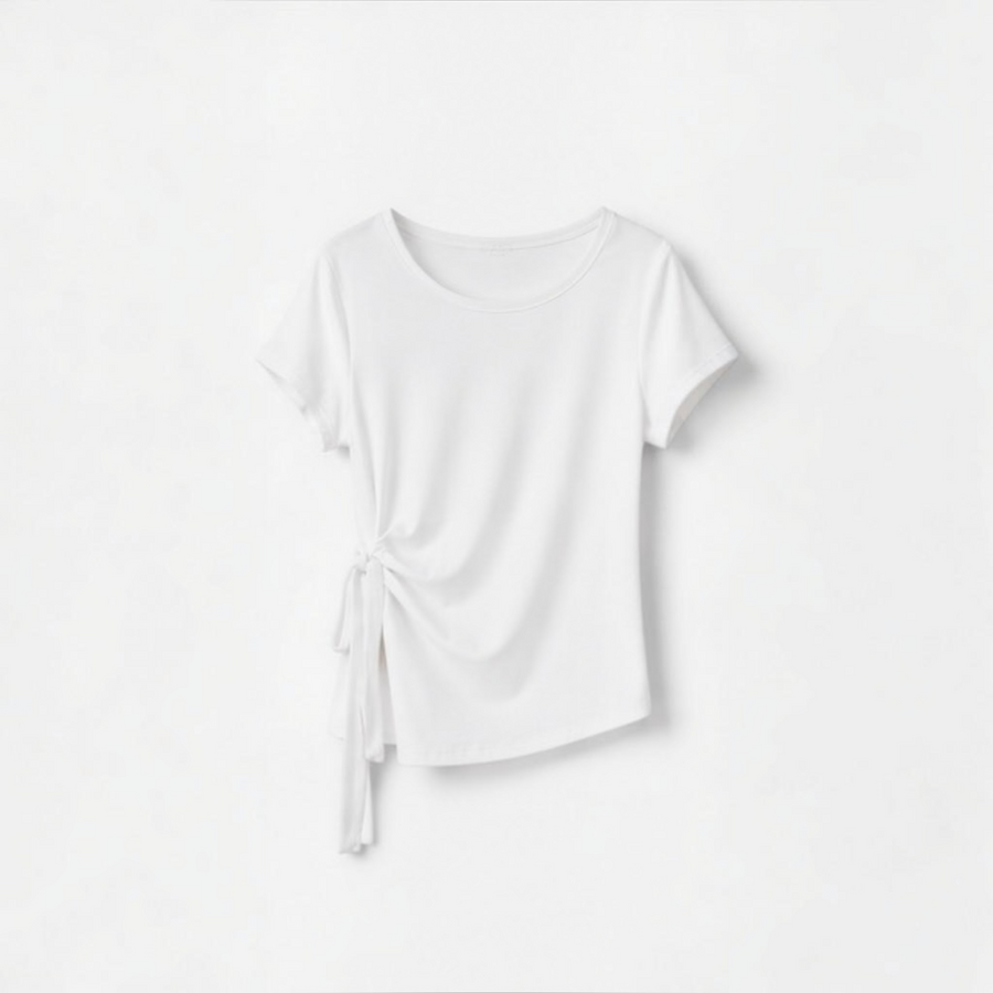 Joyjocey Side-Tie Cotton Top in white with a round neckline, short sleeves and adjustable waist tie, product front view.