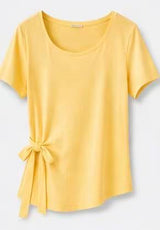 Joyjocey Side-Tie Cotton Top in lemon yellow with short sleeves and an adjustable waist tie, product front view.