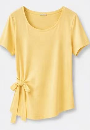 Joyjocey Side-Tie Cotton Top in lemon yellow with short sleeves and an adjustable waist tie, product front view.